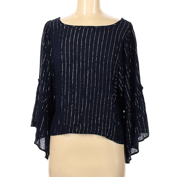 Sienna Sky NEW Blouse Top Back Buttons Metallic Lurex Stripe Dark NAVY Women's - Picture 1 of 16